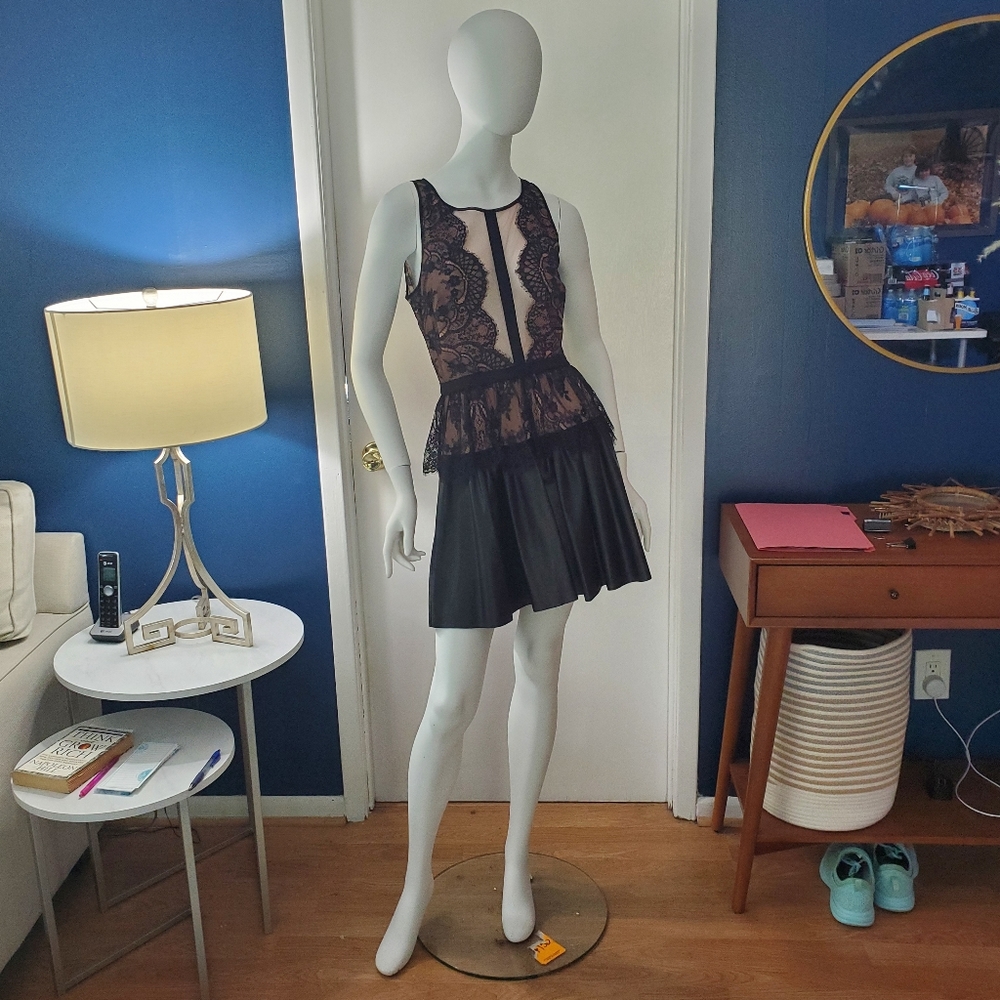 BCBG lace mesh perfume top w tiered leather skirt